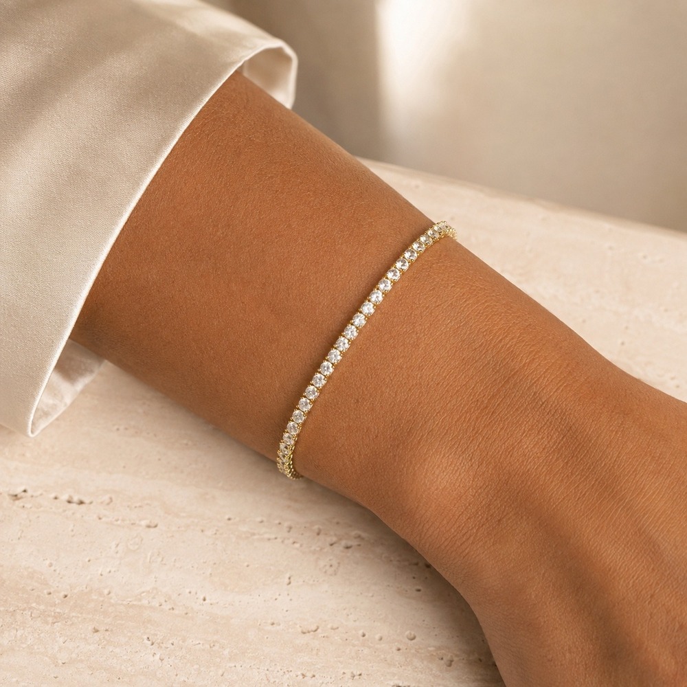 14K Gold Over Silver 7 Inch Cubic Zirconia Tennis Bracelet Round Cut CZ Sparkle - Picture 7 of 7